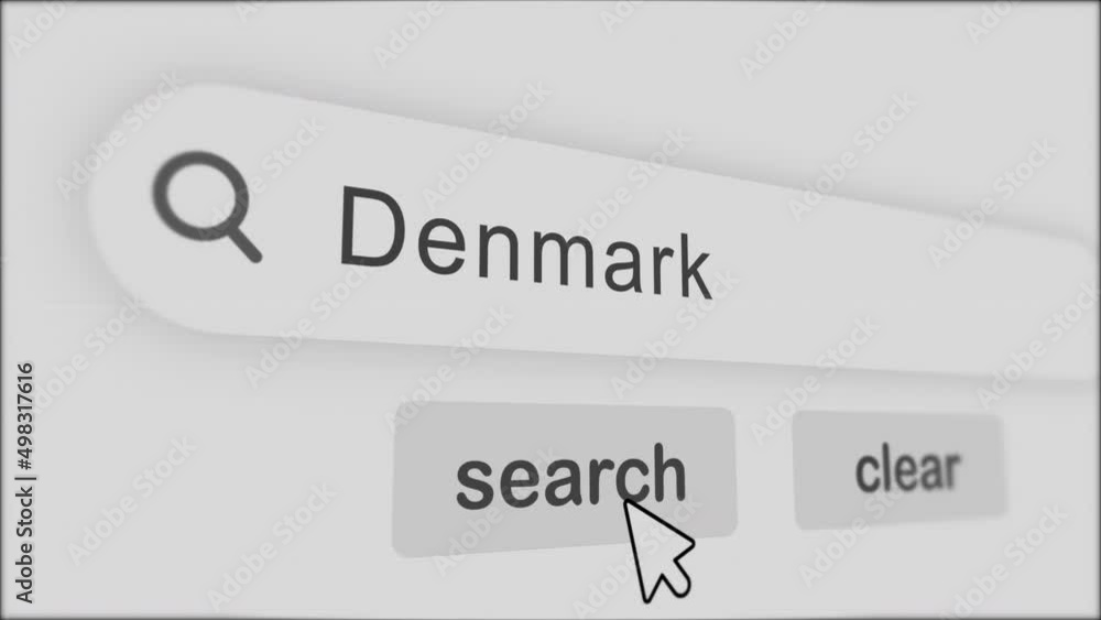 Denmark typing on Search Bar with click Animation.vintage monitor screen. Searching the word on internet search browser. Denmark typing on Search Bar with click Animation.vintage monitor screen. Searching the word on internet search browser.