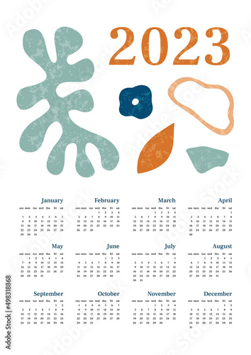 Calendar 2023 retro abstract with texture. Vertical one sheet with all monthes. Week start on Sunday. A4 A3 A2 A5. Vector illustration in trendy style in pastel colors. Minimalistic design photo