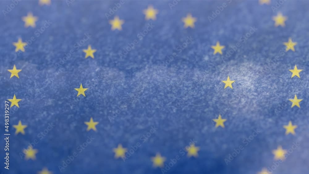 Animation of flag of european union with spinning stars over sky with clouds
