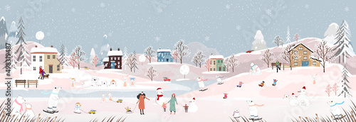 Winter landscape with happy people,polar bear and rabbit playing ice skate in the park,Vector banner Winter wonderland bunny and bear celebrating in forest,Merry Christmas and New year 2023 background