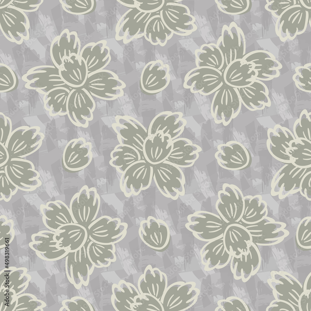 Cottage garden flowers seamless vector pattern background. Monochrome beige painterly canvas farmhouse style. Hand drawn country flowers on textured backdrop.Hot summer cottagecore aesthetic repeat