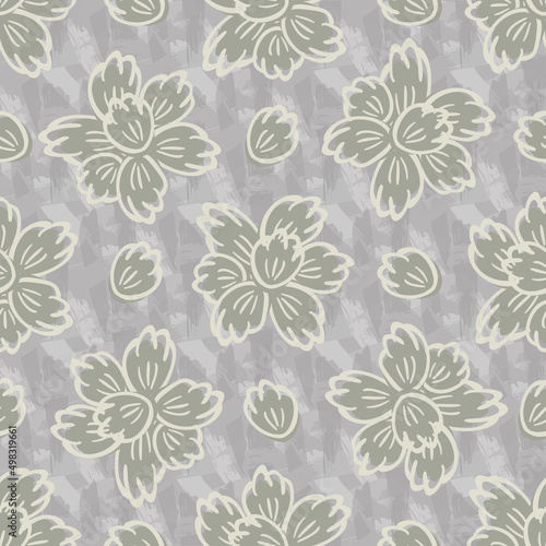 Cottage garden flowers seamless vector pattern background. Monochrome beige painterly canvas farmhouse style. Hand drawn country flowers on textured backdrop.Hot summer cottagecore aesthetic repeat