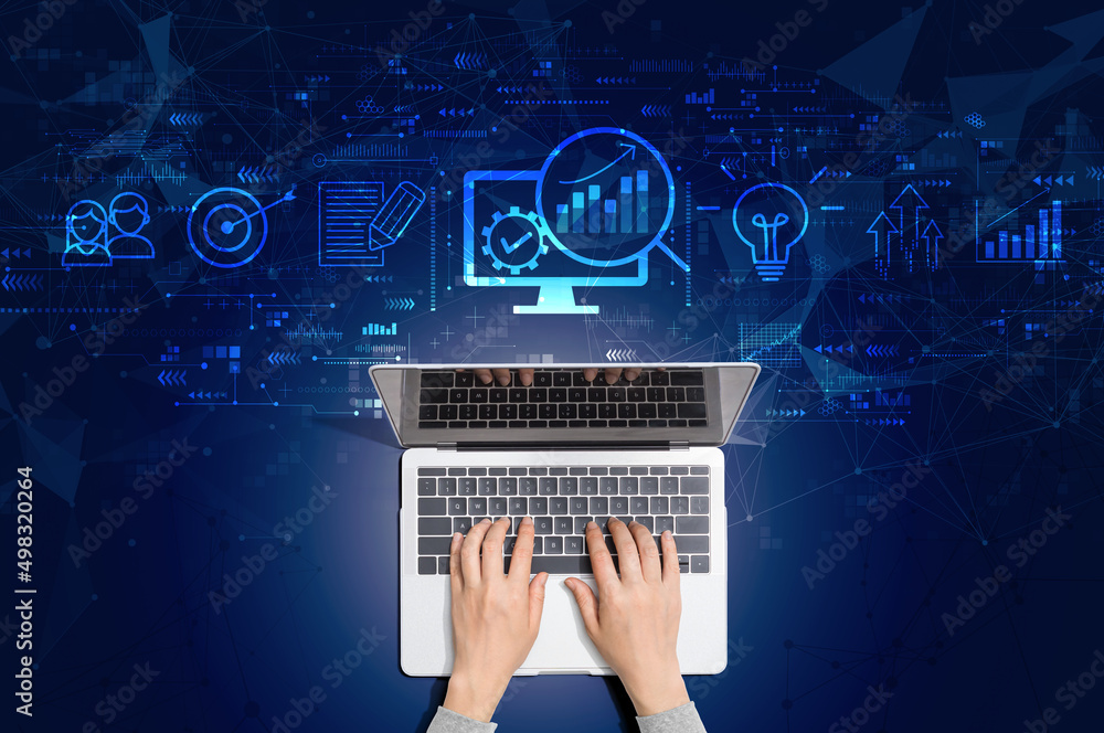 Marketing Strategy concept with person using a laptop computer - obrazy, fototapety, plakaty 