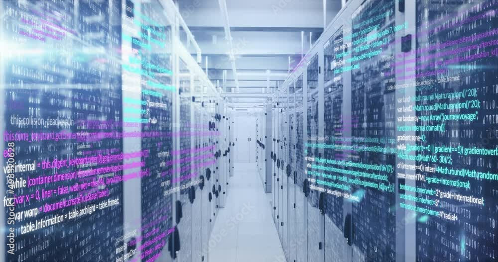 Animation of data processing over server room Animation of data processing over server room