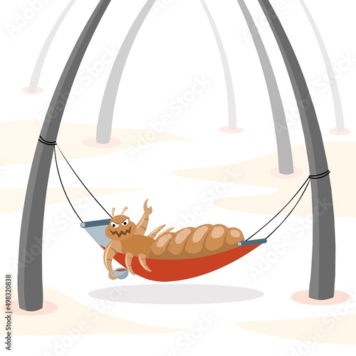 Vector illustration, cartoon character of head lice or Pediculus humanus capitis, enjoying on a hammock among head hairs.