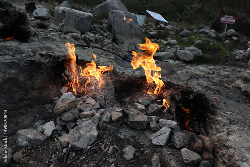 Flames from the underground of Mount Chimera, Cirali, yanartas Milli park, Turkey 