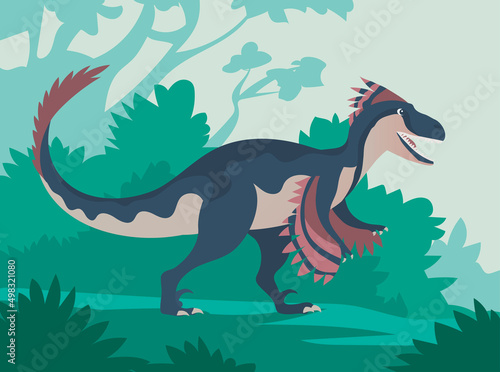 Velociraptor with dangerous claws. Predatory dinosaur of the Jurassic period. Strong hunter. Cartoon vector illustration. Nature forest background