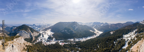 Aerial drone panoramic view of the spring Carpathians, Romania
