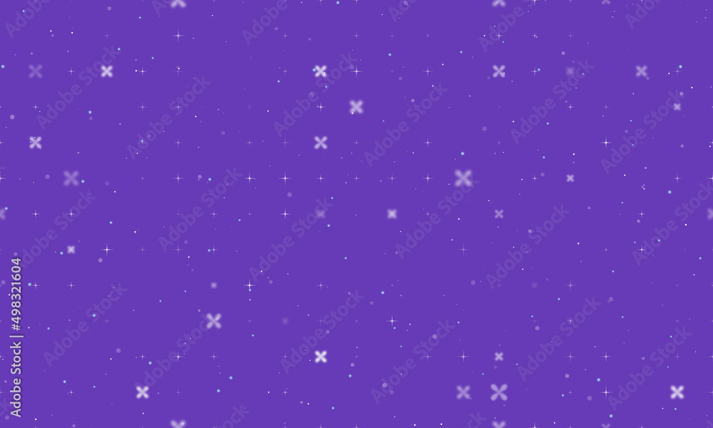 Seamless background pattern of evenly spaced white abstract star symbols of different sizes and opacity. Vector illustration on deep purple background with stars