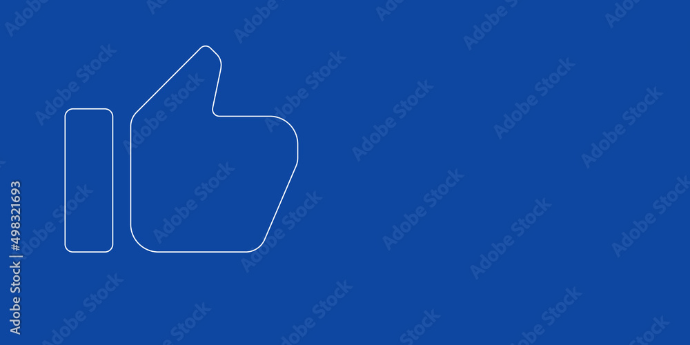 A large white outline thumb up symbol on the left. Designed as thin white lines. Vector illustration on blue background A large white outline thumb up symbol on the left. Designed as thin white lines. Vector illustration on blue background