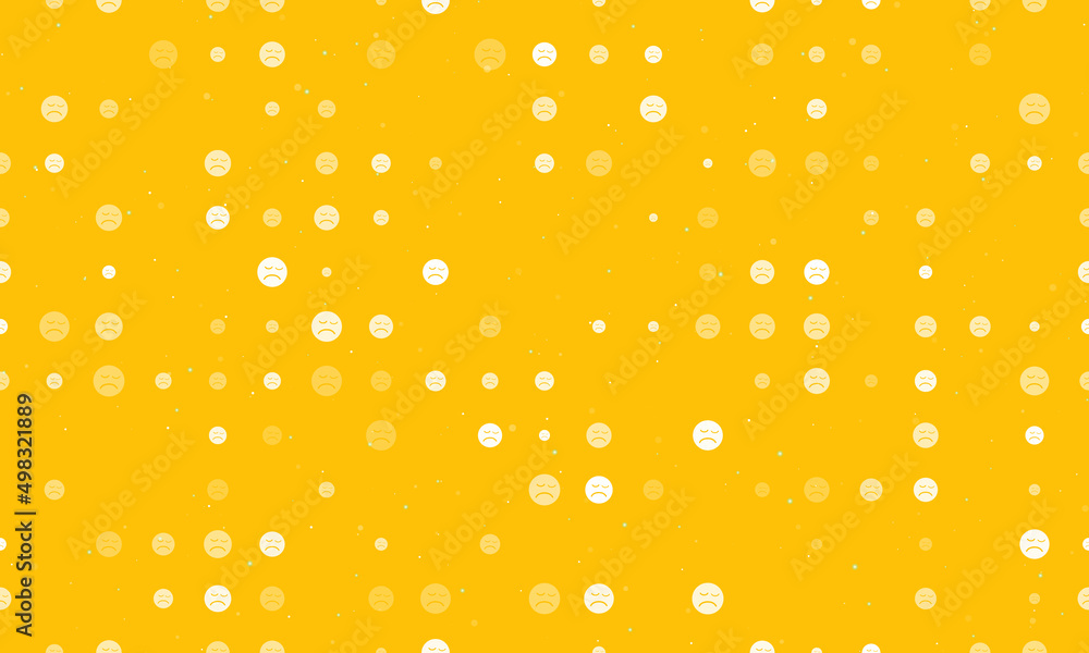 Seamless background pattern of evenly spaced white depression symbols of different sizes and opacity. Vector illustration on amber background with stars Seamless background pattern of evenly spaced white depression symbols of different sizes and opacity. Vector illustration on amber background with stars