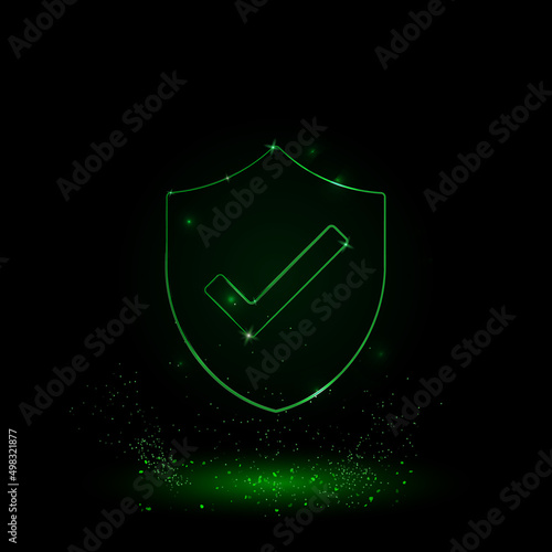 A large green outline protection mark symbol on the center. Green Neon style. Neon color with shiny stars. Vector illustration on black background