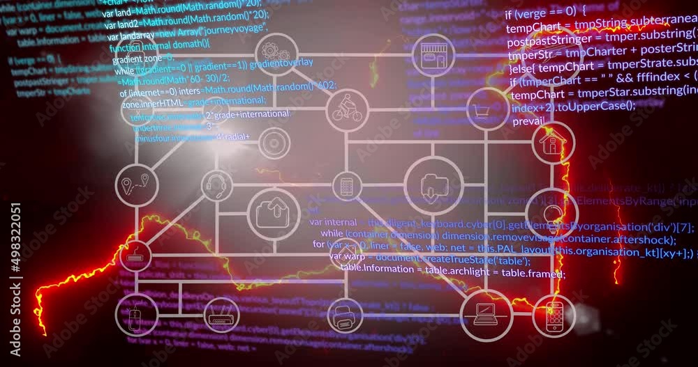 Animation of data processing and media icons on black background Animation of data processing and media icons on black background