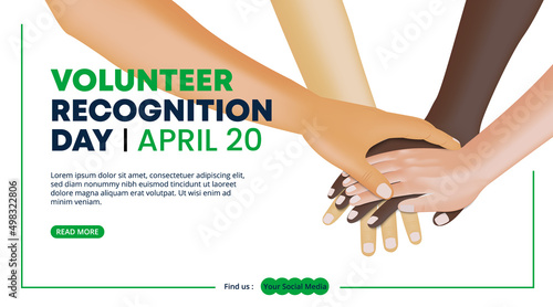 Volunteer recognition day background with hands of volunteers are stacking together