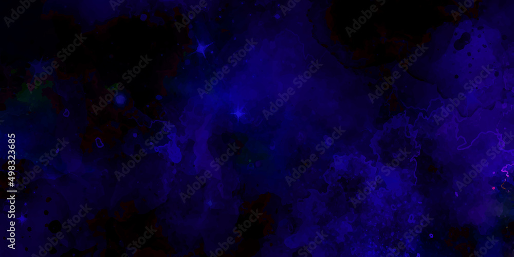 Abstract night sky space watercolor background with stars. Watercolor dark blue space nebula universe. Watercolor hand drawn illustration. Pink watercolor ombre leaks and splashes texture.	
