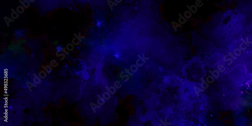 Abstract night sky space watercolor background with stars. Watercolor dark blue space nebula universe. Watercolor hand drawn illustration. Pink watercolor ombre leaks and splashes texture.	
