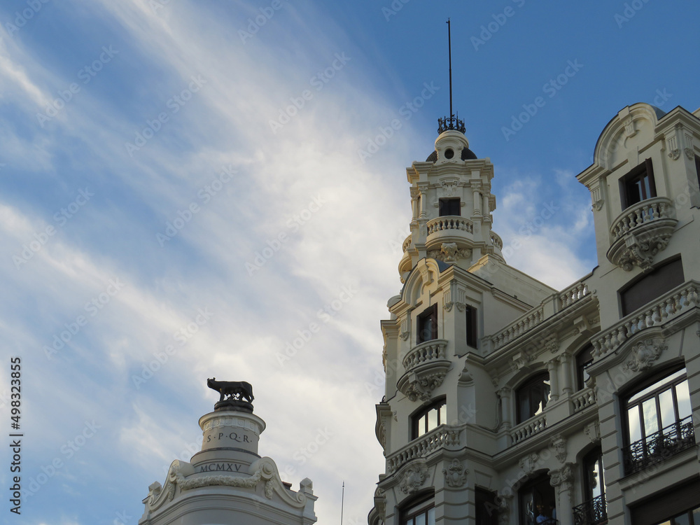 Streets of Madrid. Top details of the buildings in Gran Vía. Spain. 