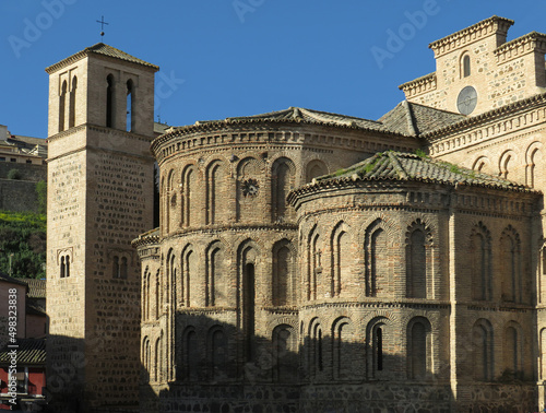 Church of Santiago del Arrabal. Historic city of Toledo. Spain. View of the apse and bell tower. Islamic Mudejar art of the 13 century.