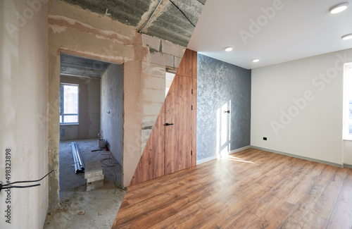 Modern flat room with stylish design as concept of before and after reconstruct renovation, comparison of upgraded remodeling in comfortable flat bedroom during rework in real estate. photo