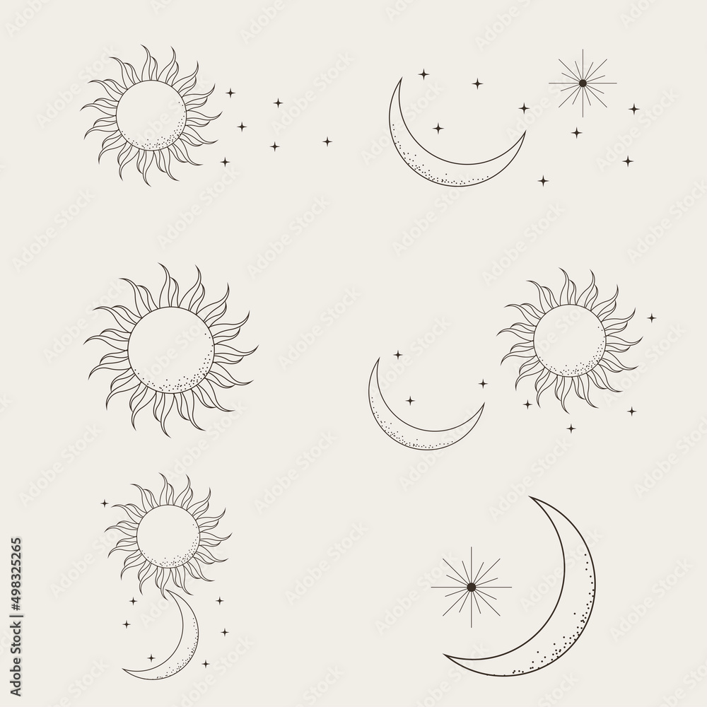 Sun and moon line art clipart. Outline sun logo, moon tattoo. Sun and moon line art clipart. Outline sun logo, moon tattoo.