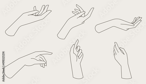 Vector design linear template logos or emblems - hands in in different gestures. Abstract symbol for cosmetics and packaging or beauty products