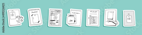 Cute stickers paper sheets with notes underlined or crossed out. Hand-drawn notebook pages with memory stick and sticky notes, bird feather. Doodle handwriting Vector illustration stickers set.
