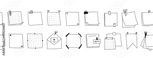 Seamless border set of hand-drawn memo notepads paper outline. Doodle Blank square sheets of paper for notes. Various types of envelope with pins, stickers, tape. Vector of sketch reminders isolated.