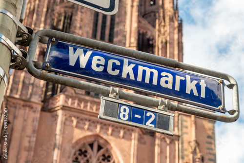 enamel street sign Weckmarkt - engl: market of bakerman - in Frankfurt, photo