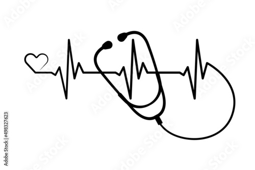 Abstract stethoscope with heart rate, ekg line design isolated on white background. Healthcare symbol to use in health industry, cardiology, medical care, hospital, health science projects.
