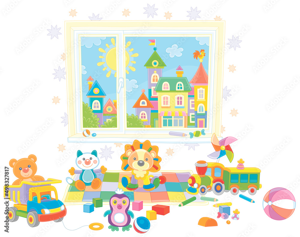 Funny colorful toys scattered after a merry game in a nursery room with a pretty small town outside a window, vector cartoon illustration isolated on a white background