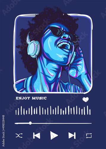 Mobile app music player interface with an afro girl enjoying music