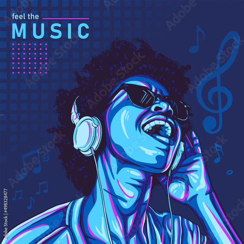Afro girl enjoying music wearing sunglasses and headphone illustration