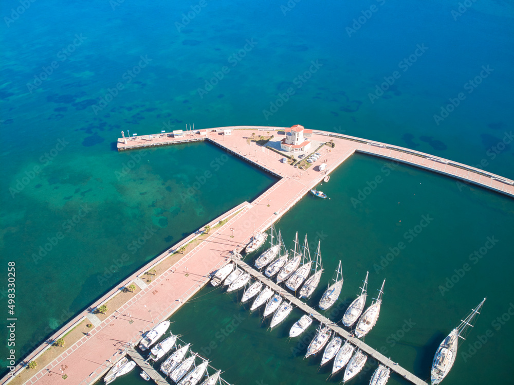 Many Boats moored at dock or jetty top view, view from above, aerial view