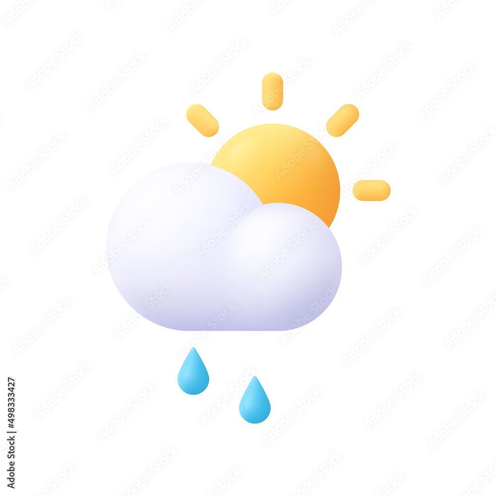 Sun and cloud with rain drops. Weather concept. 3d vector icon. Cartoon minimal style.
