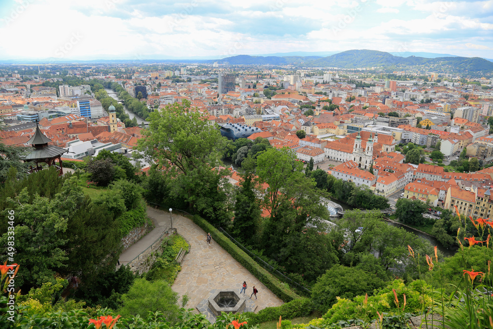 View from the Castle Mountain with its botanical garden and the wooden Chinese Pavilion over the roofs to the City of Graz, Austria