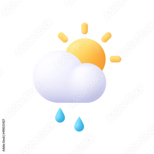Sun and cloud with rain drops. Weather concept. 3d vector icon. Cartoon minimal style.