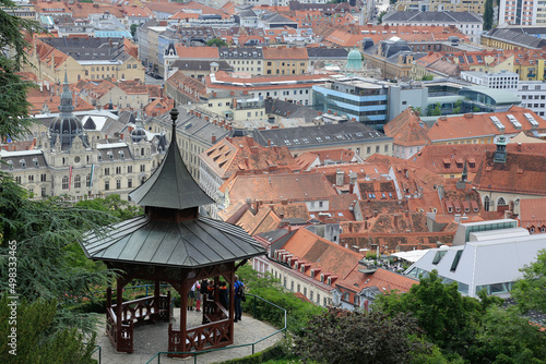View from the Castle Mountain with its botanical garden to the wooden Chinese Pavilion and over the roofs to the City of Graz, Austria