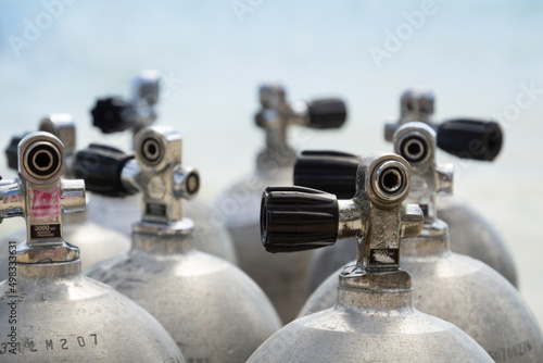 Fotografie, Obraz Valves of oxygen cylinders for diving close-up