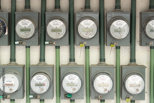 Sealed electricity meters. Rows of electricity meters in an apartment building.