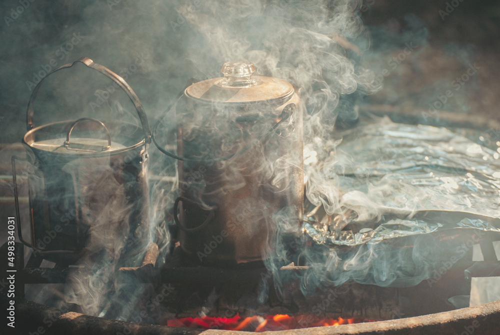 Two kettles of water, foil wrapped food, and pie irons used to cook a meal on a metal grate over