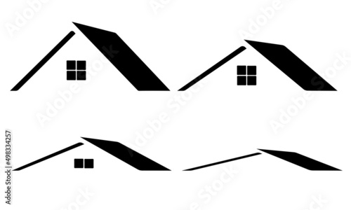 Illustration of new housing or apartment building development. Different heights of roof lines, some with windows near the peaks. Examples of architecture. 