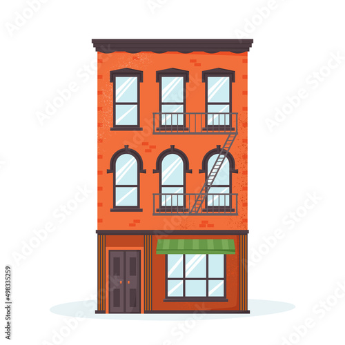 New York City house facade. Front view of old-fashioned brick building with fire escape. Nice American neighbourhood exterior. Flat vector © vika_k