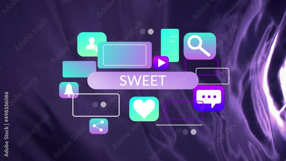 Animation of sweet text and icons on moving blue background Animation of sweet text and icons on moving blue background