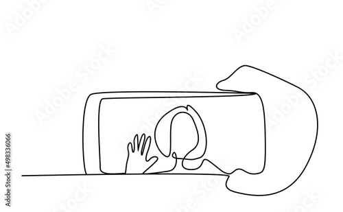 person holding phone horizontal and woman salute inside phone video call
