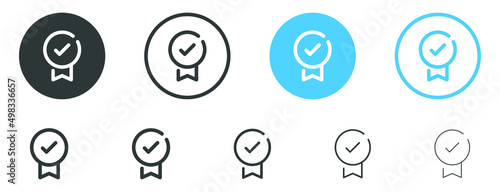 medal award icon, certificate badge with seal ribbon with check mark icons - certified prize icon checkmark symbol. Quality certify in filled, thin line, outline and stroke for apps and website	
