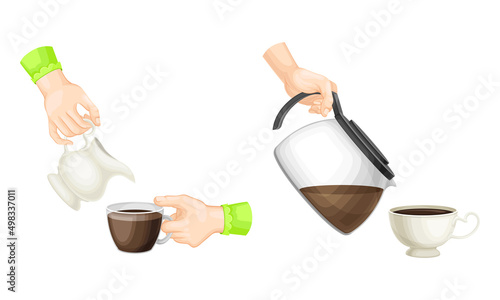 Hands holding drinks set. Hand pouring tea and coffee in cup cartoon vector illustration