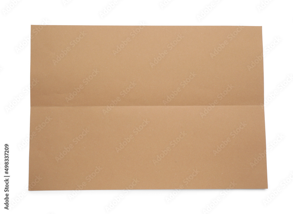 Sheet of brown paper on white background, top view