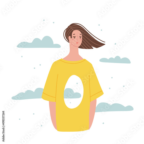 Unhappy woman with a hole inside herself. Metaphor on reflection of inner emptiness. Psychological trauma and disorders  depression  loss loneliness. Hole in chest. Flat vector character illustration.