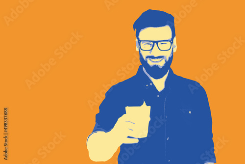 Portrait of a handsome bearded man in t-shirt and eyeglasses with coffee cup on background. Vector illustration in pop art style