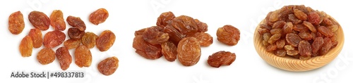 Brown raisin isolated on white background with clipping path. Top view. Flat lay. Set or collection photo